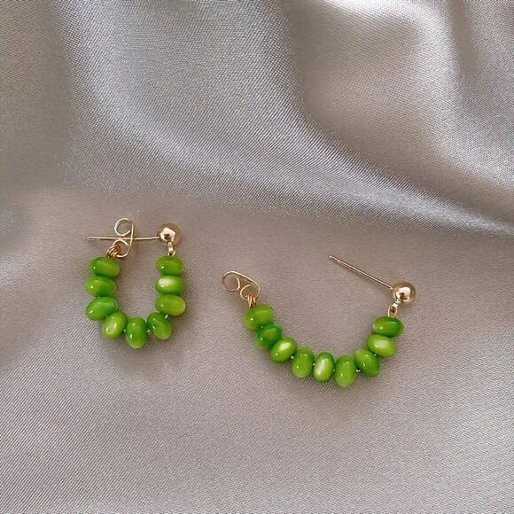 Retro Vintage Green Opal Hoop Earrings, Huggie Earrings Girl Womens Dangle Hoops - Picture 4 of 5